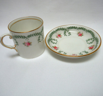 RARE 1910-1925 ANTIQUE DEMITASSE CUP AND SAUCER, in the ROSE AND GARLAND PATTERN From AYNSLEY of London, England