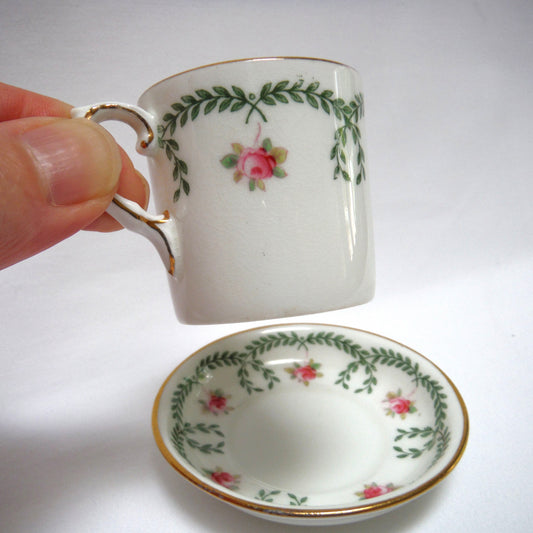 RARE 1910-1925 ANTIQUE DEMITASSE CUP AND SAUCER, in the ROSE AND GARLAND PATTERN From AYNSLEY of London, England