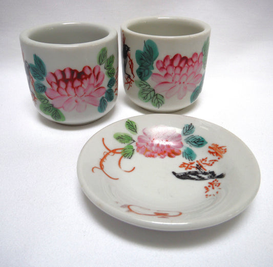 TWO TRADITIONAL CHINESE GREEN-TEA CUPS and ONE SAUCER: In Pink Lotus Flowers with Blackbird and Foliage, distributed by Ming Wo in Vancouver, BC, Canada