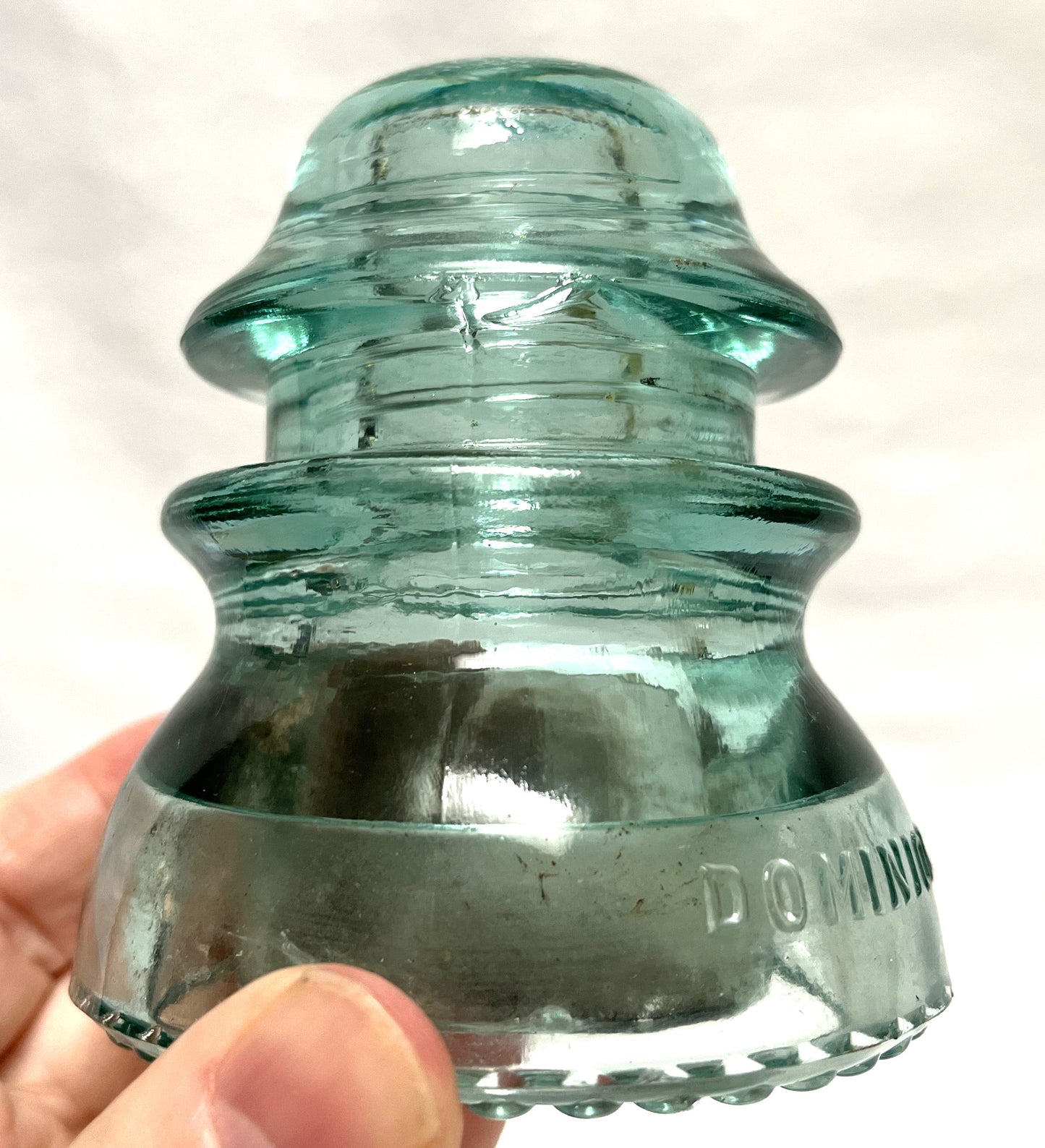 GLASS TELEGRAPH INSULATOR #42D, Made by DOMINION GLASS of CANADA in Misty Green Colour (SLIGHT DAMAGE-CHIPPED!)