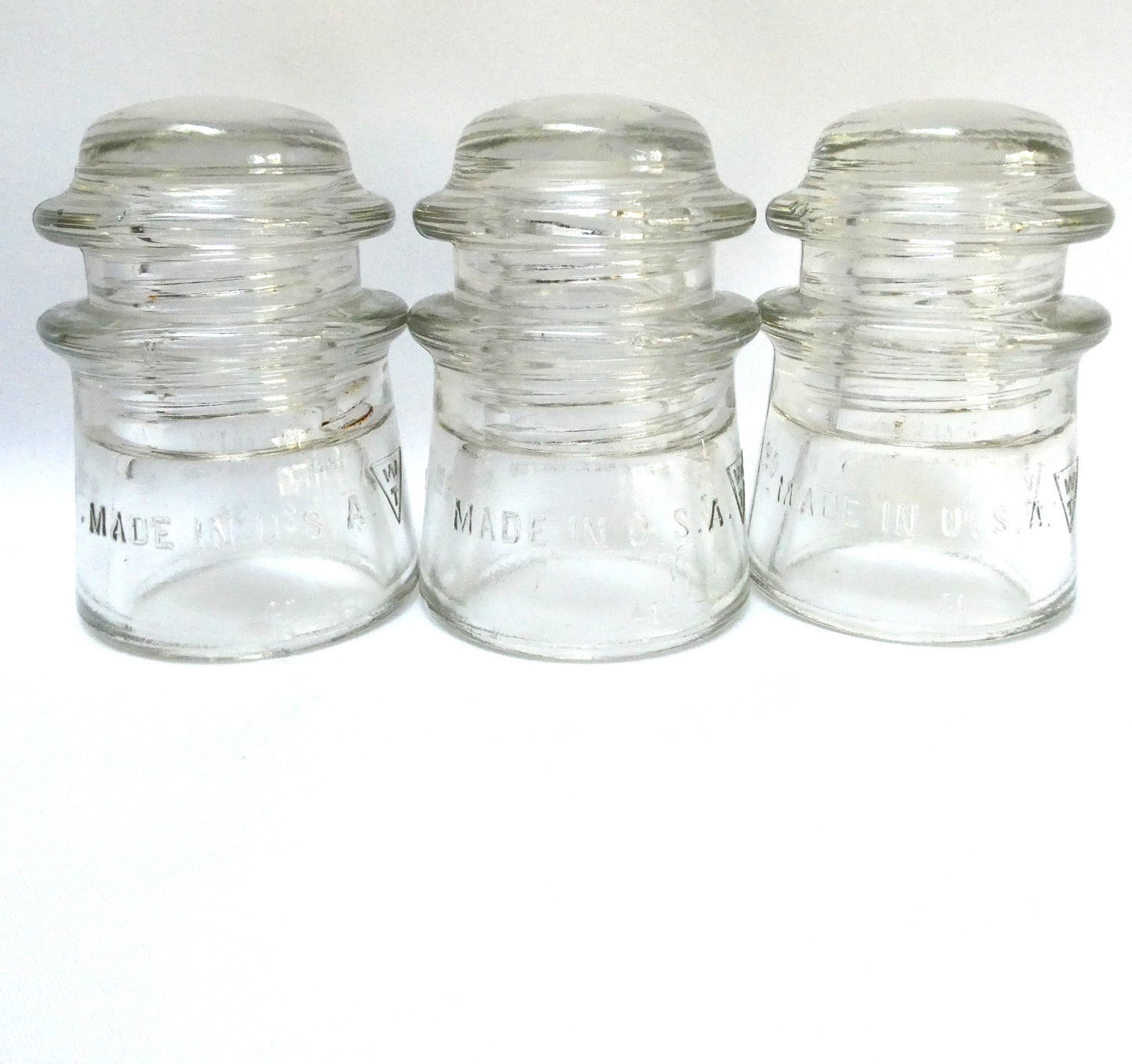 ANTIQUE GLASS TELEGRAPH INSULATORS, Paul's Pack of THREE! No. 9 model by Whitall Tatum, Made in USA