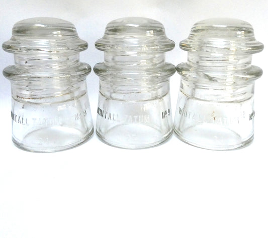 ANTIQUE GLASS TELEGRAPH INSULATORS, Paul's Pack of THREE! No. 9 model by Whitall Tatum, Made in USA