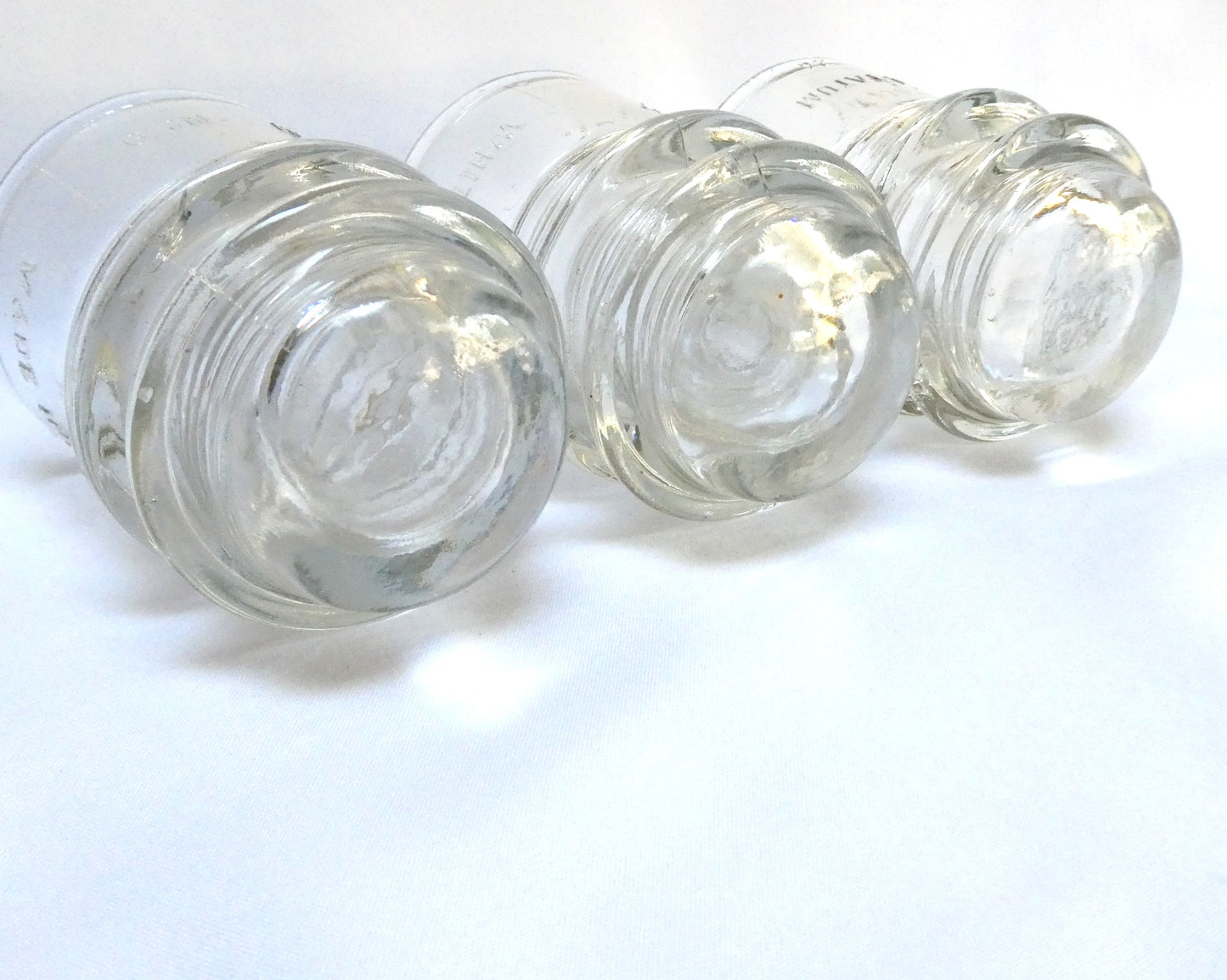 ANTIQUE GLASS TELEGRAPH INSULATORS, Paul's Pack of THREE! No. 9 model by Whitall Tatum, Made in USA