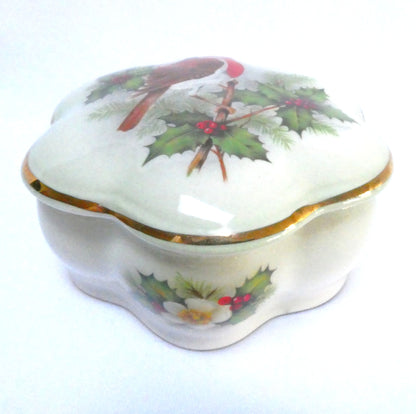Vintage Royal Worcester Palissy Ceramic Trinket Box with Lid, Featuring a Christmas Robin and Holly Design