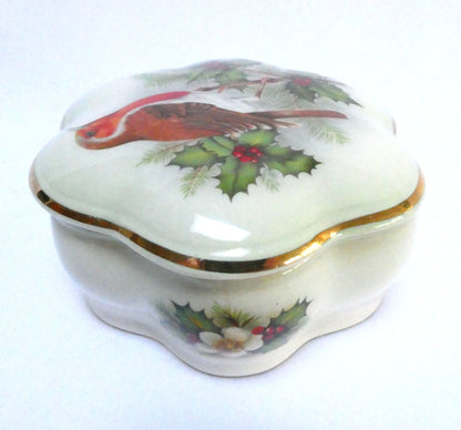Vintage Royal Worcester Palissy Ceramic Trinket Box with Lid, Featuring a Christmas Robin and Holly Design