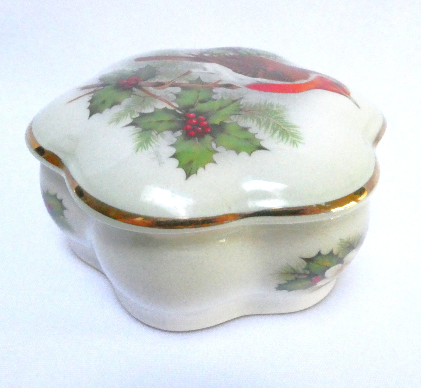 Vintage Royal Worcester Palissy Ceramic Trinket Box with Lid, Featuring a Christmas Robin and Holly Design