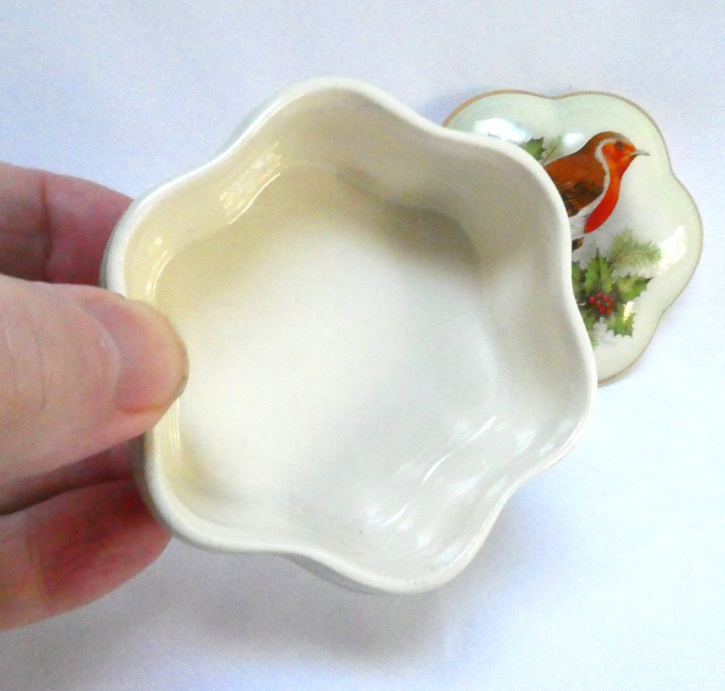 Vintage Royal Worcester Palissy Ceramic Trinket Box with Lid, Featuring a Christmas Robin and Holly Design