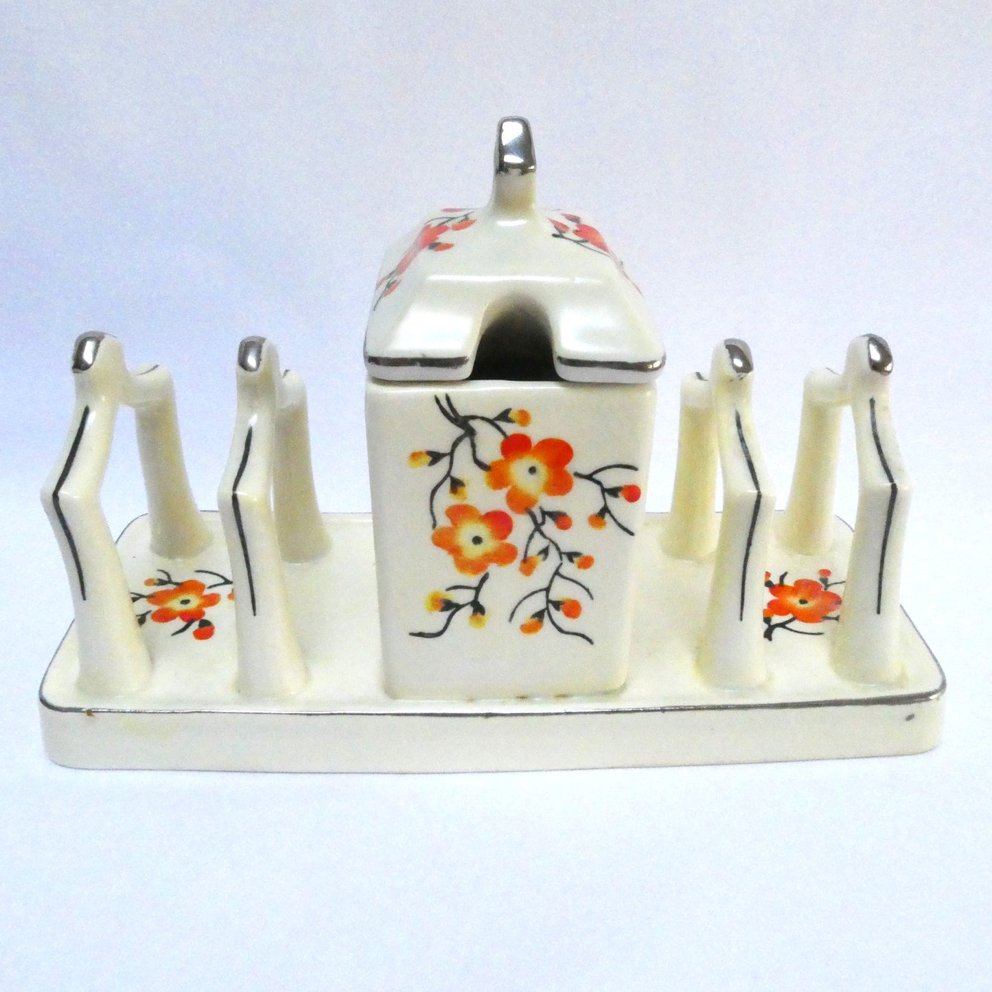 Vintage Japanese 4-SLOT TOAST RACK and COVERED JAM CADDY, presented in hand painted Orange Cherry Blossoms