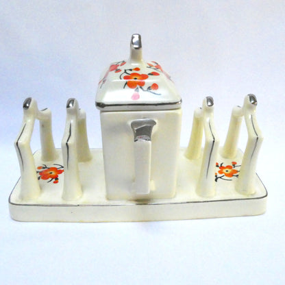 Vintage Japanese 4-SLOT TOAST RACK and COVERED JAM CADDY, presented in hand painted Orange Cherry Blossoms