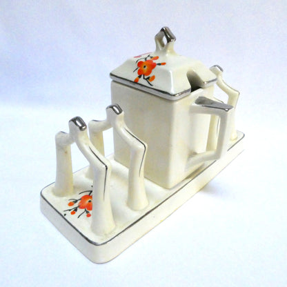 Vintage Japanese 4-SLOT TOAST RACK and COVERED JAM CADDY, presented in hand painted Orange Cherry Blossoms