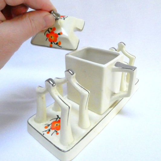 Vintage Japanese 4-SLOT TOAST RACK and COVERED JAM CADDY, presented in hand painted Orange Cherry Blossoms