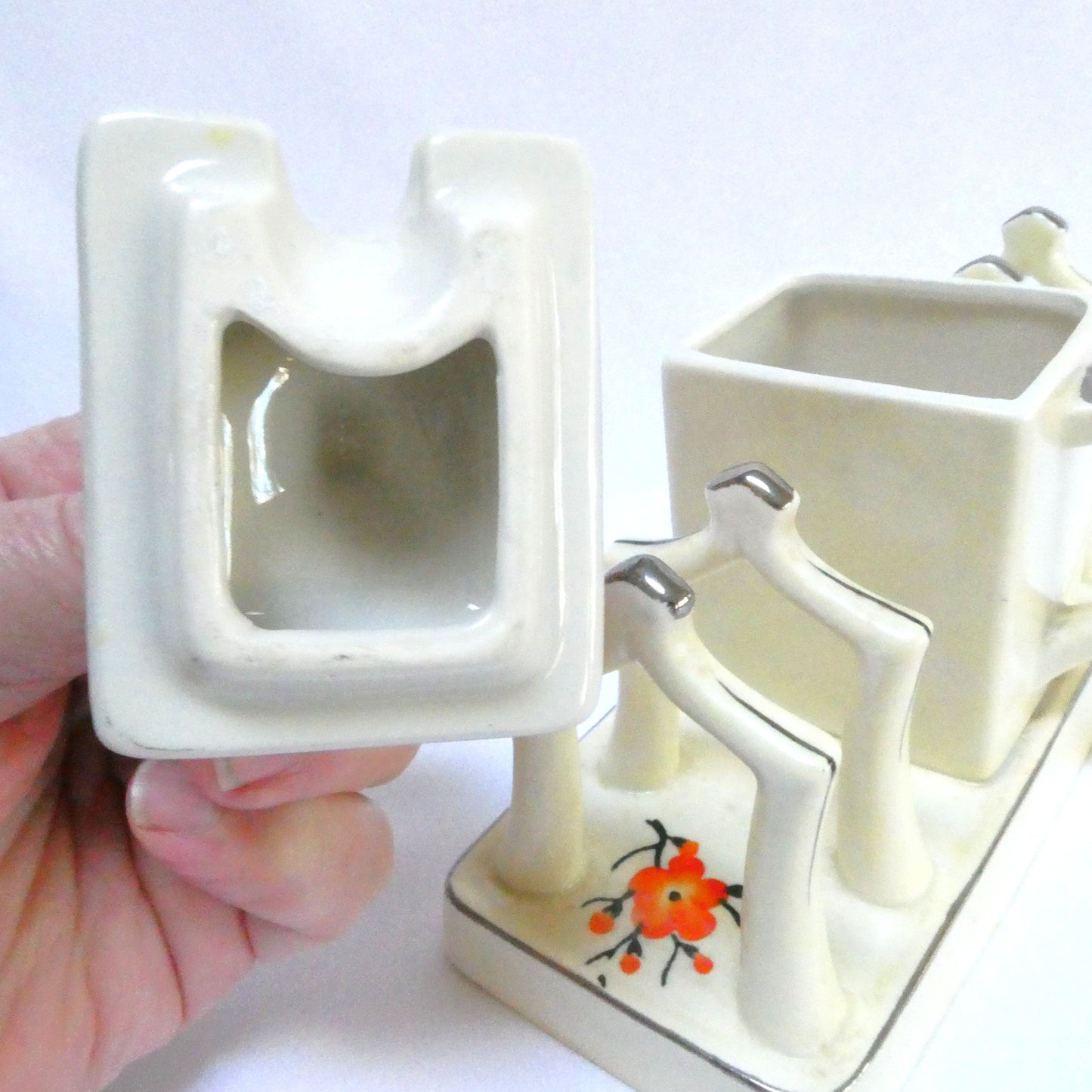 Vintage Japanese 4-SLOT TOAST RACK and COVERED JAM CADDY, presented in hand painted Orange Cherry Blossoms