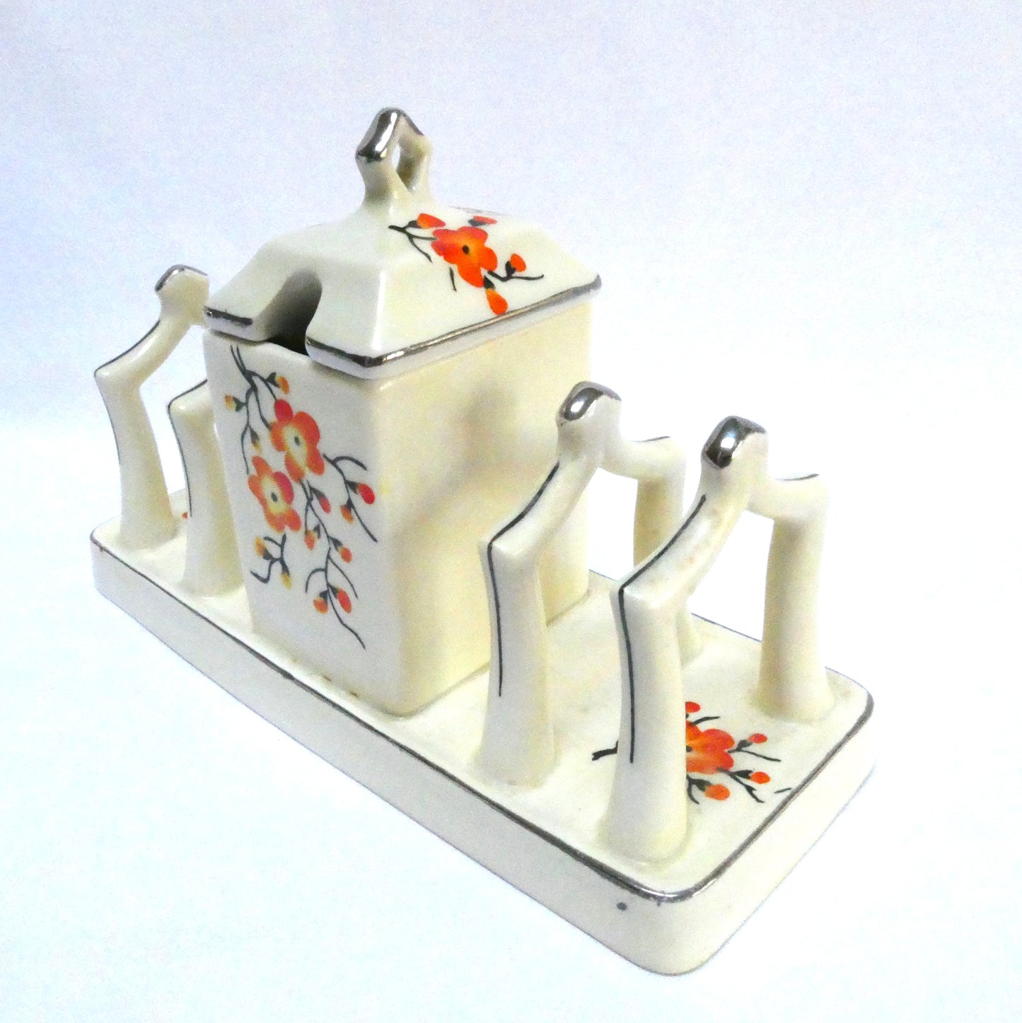 Vintage Japanese 4-SLOT TOAST RACK and COVERED JAM CADDY, presented in hand painted Orange Cherry Blossoms