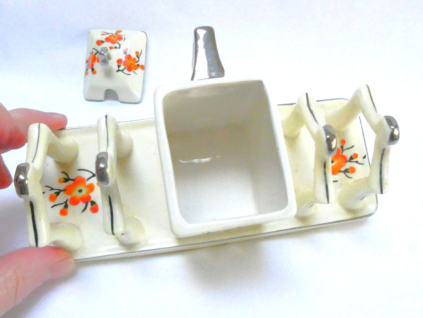 Vintage Japanese 4-SLOT TOAST RACK and COVERED JAM CADDY, presented in hand painted Orange Cherry Blossoms