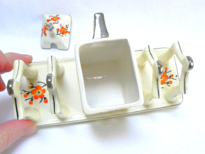 Vintage Japanese 4-SLOT TOAST RACK and COVERED JAM CADDY, presented in hand painted Orange Cherry Blossoms