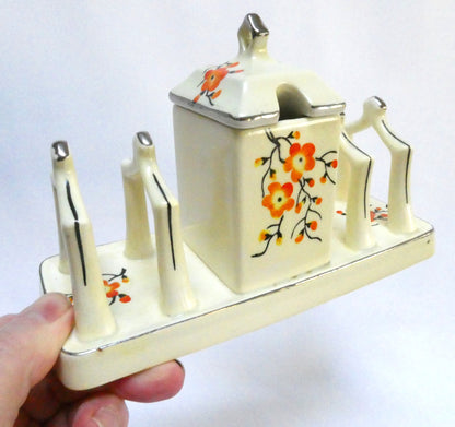 Vintage Japanese 4-SLOT TOAST RACK and COVERED JAM CADDY, presented in hand painted Orange Cherry Blossoms