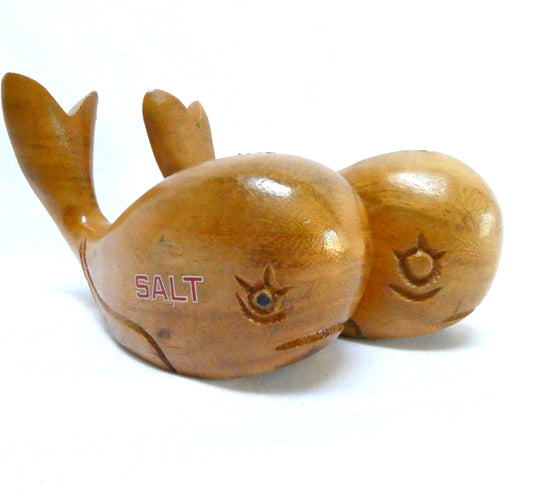 Vintage Hand Carved Exotic Wood Salt & Pepper Shakers: THE TWO MIGHTY WHALES