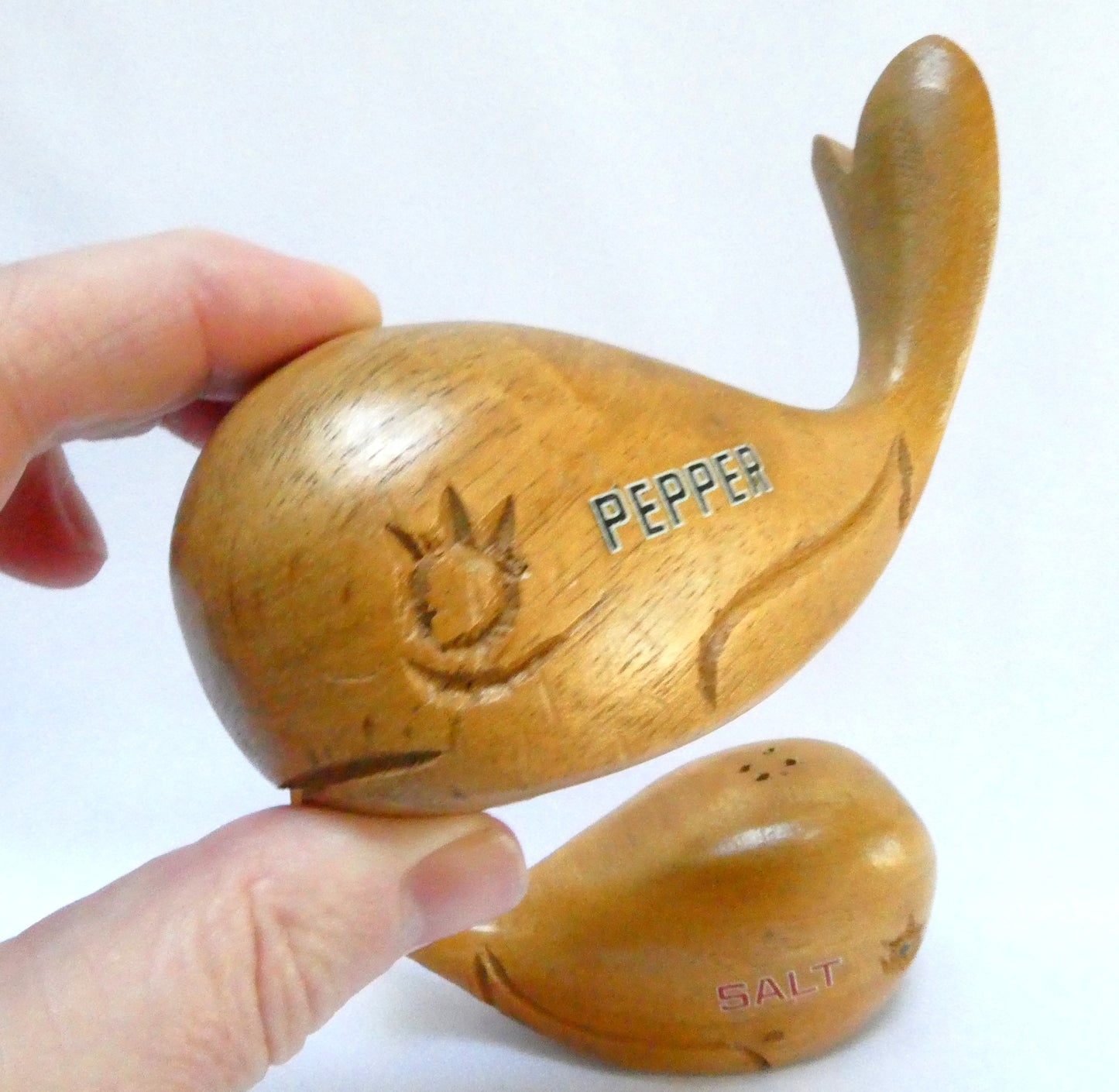 Vintage Hand Carved Exotic Wood Salt & Pepper Shakers: THE TWO MIGHTY WHALES