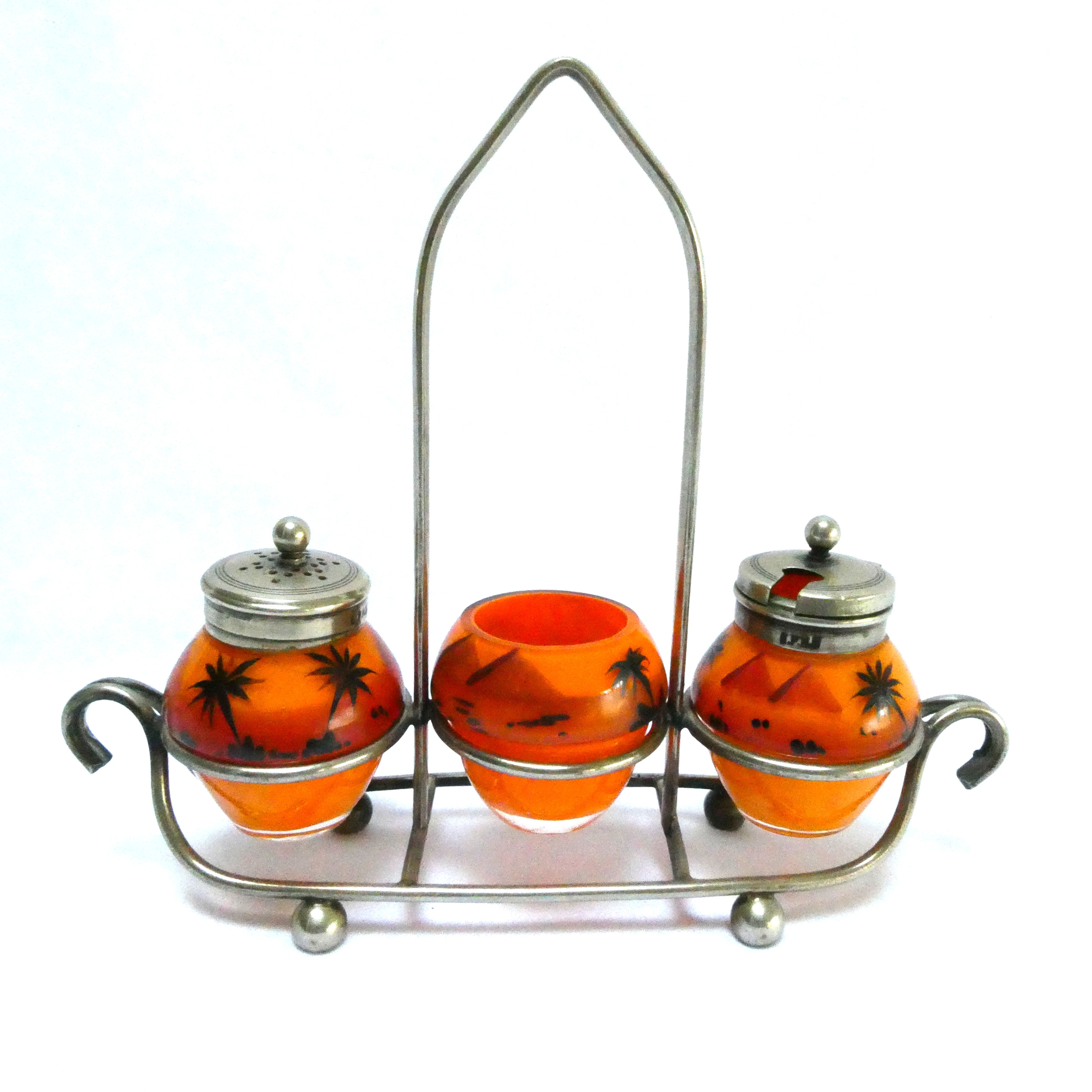 Antique 1940's Hand Painted Tropical Orange 3-Piece Glass