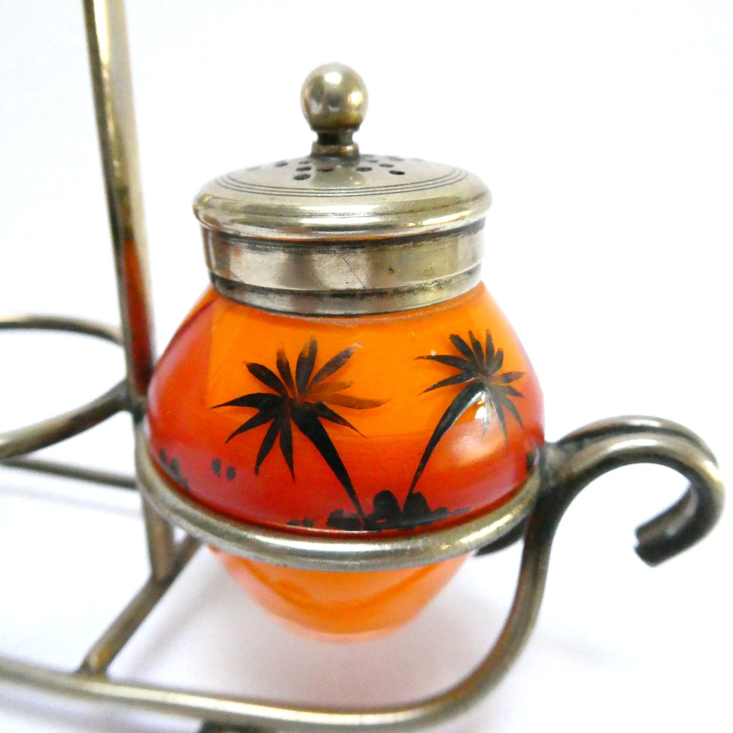 Antique 1940's Hand Painted Tropical Orange 3-Piece Glass Condiment Cruet Set, and Silver Plated Caddy