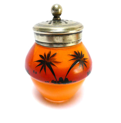 Antique 1940's Hand Painted Tropical Orange 3-Piece Glass Condiment Cruet Set, and Silver Plated Caddy