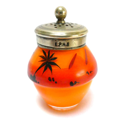 Antique 1940's Hand Painted Tropical Orange 3-Piece Glass Condiment Cruet Set, and Silver Plated Caddy