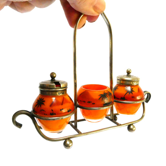 Antique 1940's Hand Painted Tropical Orange 3-Piece Glass Condiment Cruet Set, and Silver Plated Caddy