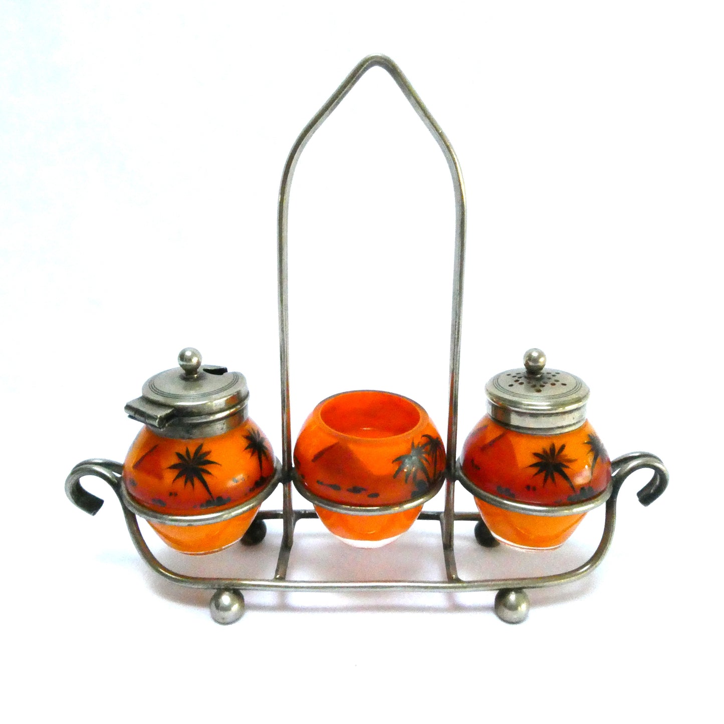 Antique 1940's Hand Painted Tropical Orange 3-Piece Glass Condiment Cruet Set, and Silver Plated Caddy