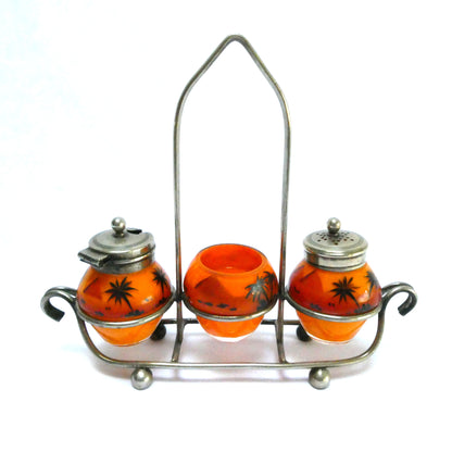 Antique 1940's Hand Painted Tropical Orange 3-Piece Glass Condiment Cruet Set, and Silver Plated Caddy