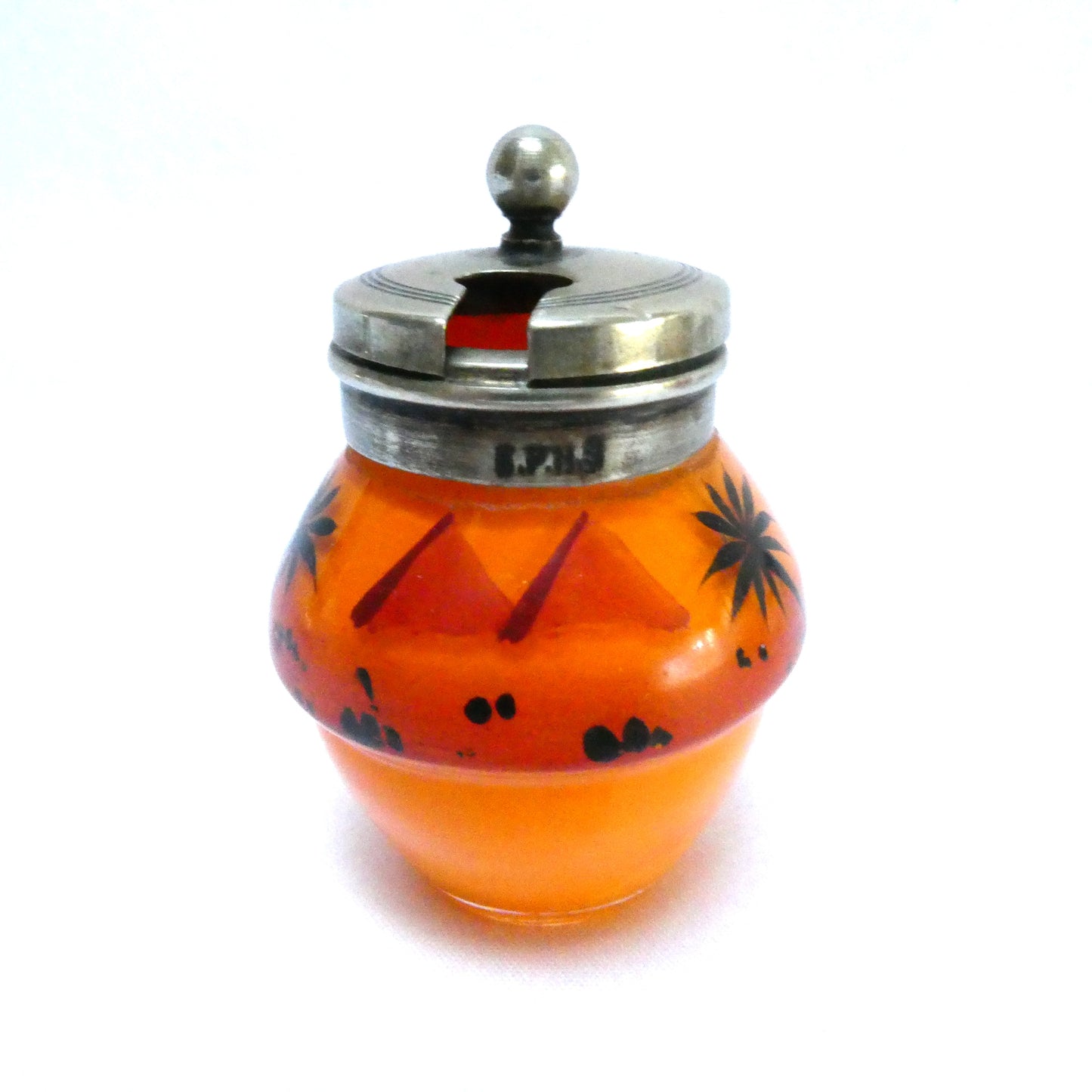 Antique 1940's Hand Painted Tropical Orange 3-Piece Glass Condiment Cruet Set, and Silver Plated Caddy