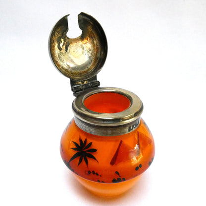 Antique 1940's Hand Painted Tropical Orange 3-Piece Glass Condiment Cruet Set, and Silver Plated Caddy