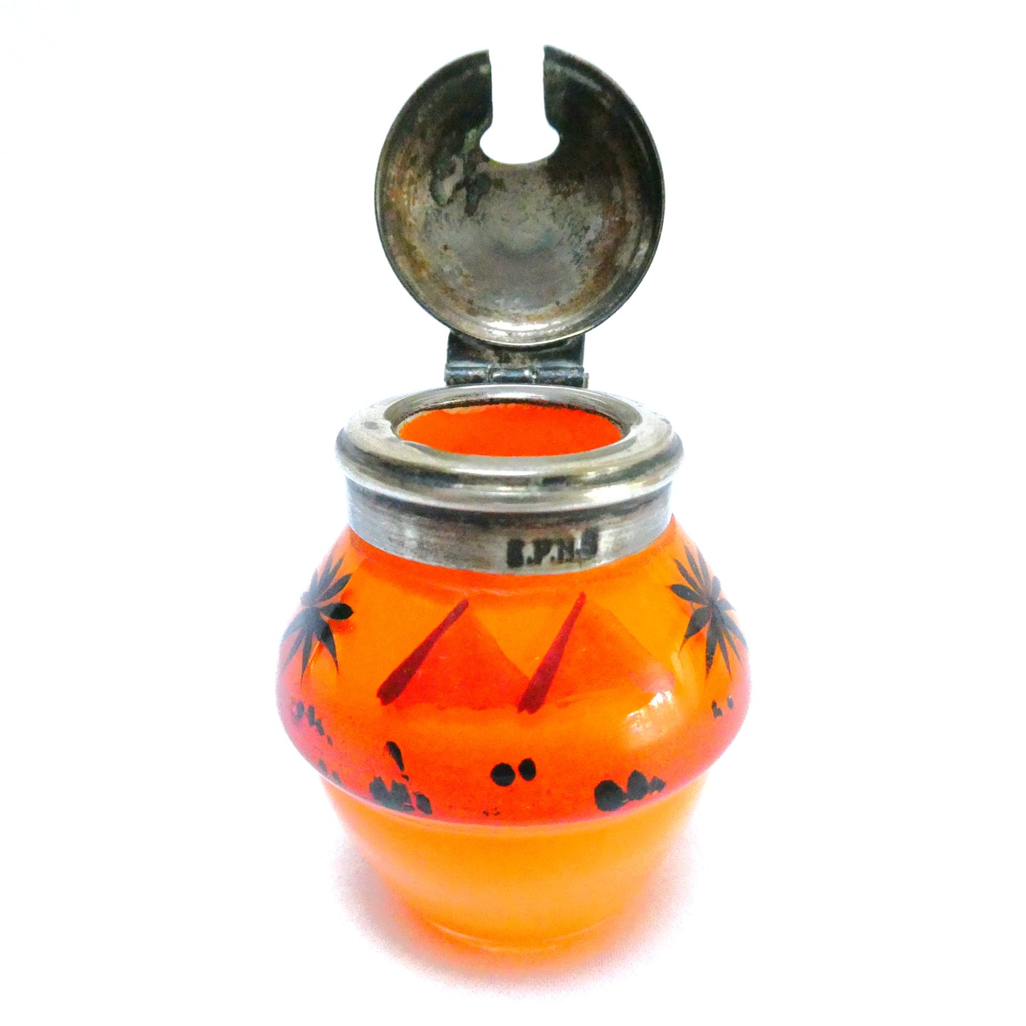 Antique 1940's Hand Painted Tropical Orange 3-Piece Glass Condiment Cruet Set, and Silver Plated Caddy