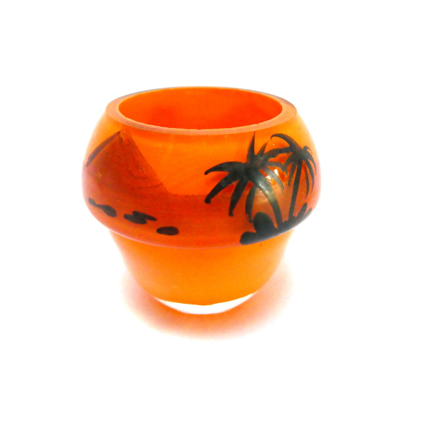 Antique 1940's Hand Painted Tropical Orange 3-Piece Glass Condiment Cruet Set, and Silver Plated Caddy