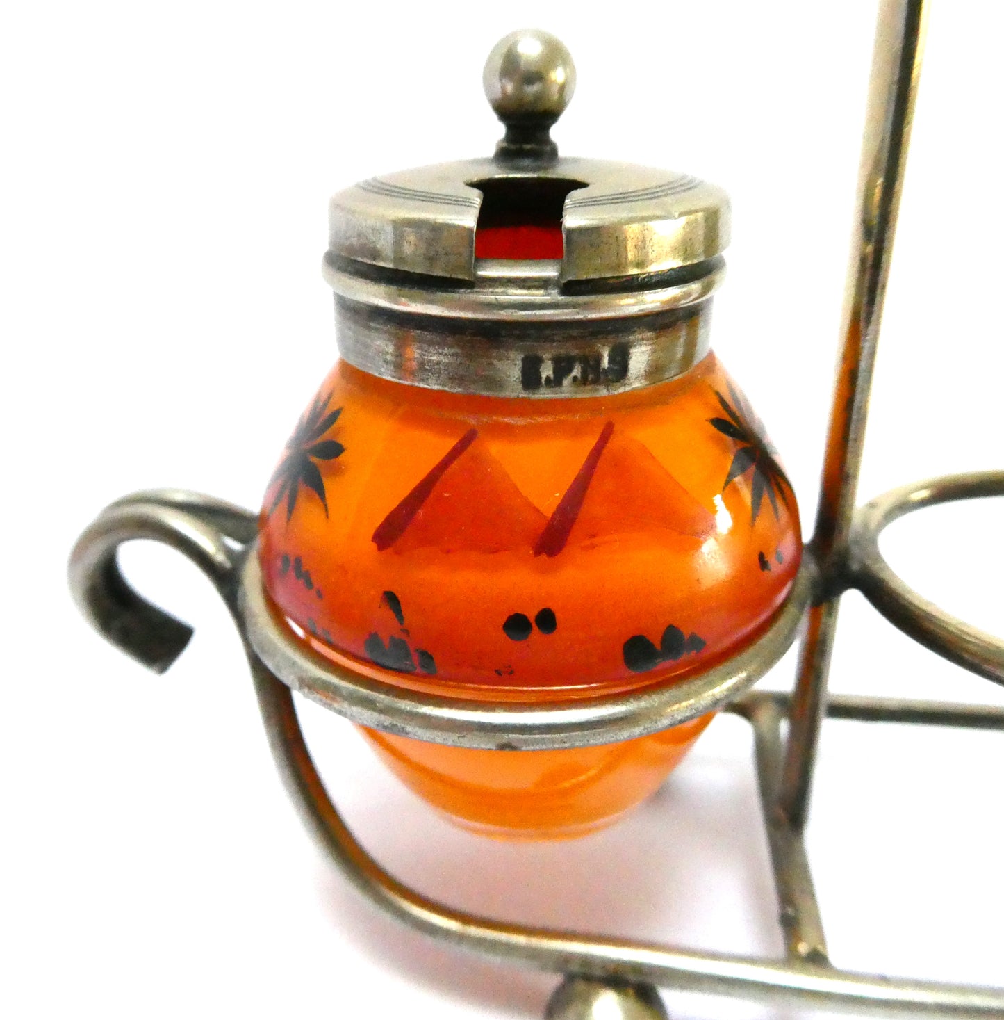 Antique 1940's Hand Painted Tropical Orange 3-Piece Glass Condiment Cruet Set, and Silver Plated Caddy