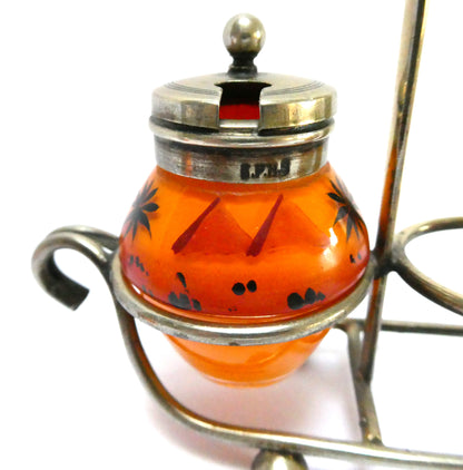Antique 1940's Hand Painted Tropical Orange 3-Piece Glass Condiment Cruet Set, and Silver Plated Caddy