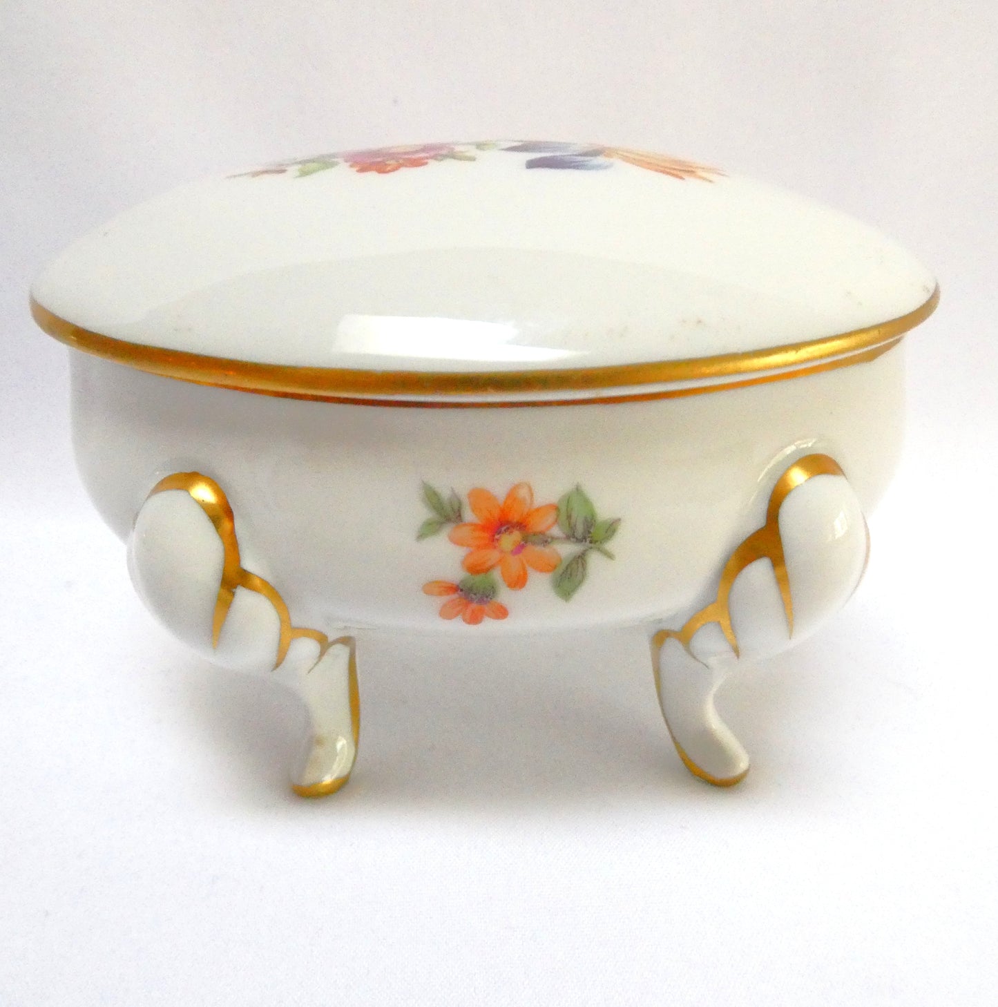 Vintage Jlmerau Graf von Henneberg Porcelain-Footed Trinket Box, with a Removable Lid in a Floral pattern and gold trim
