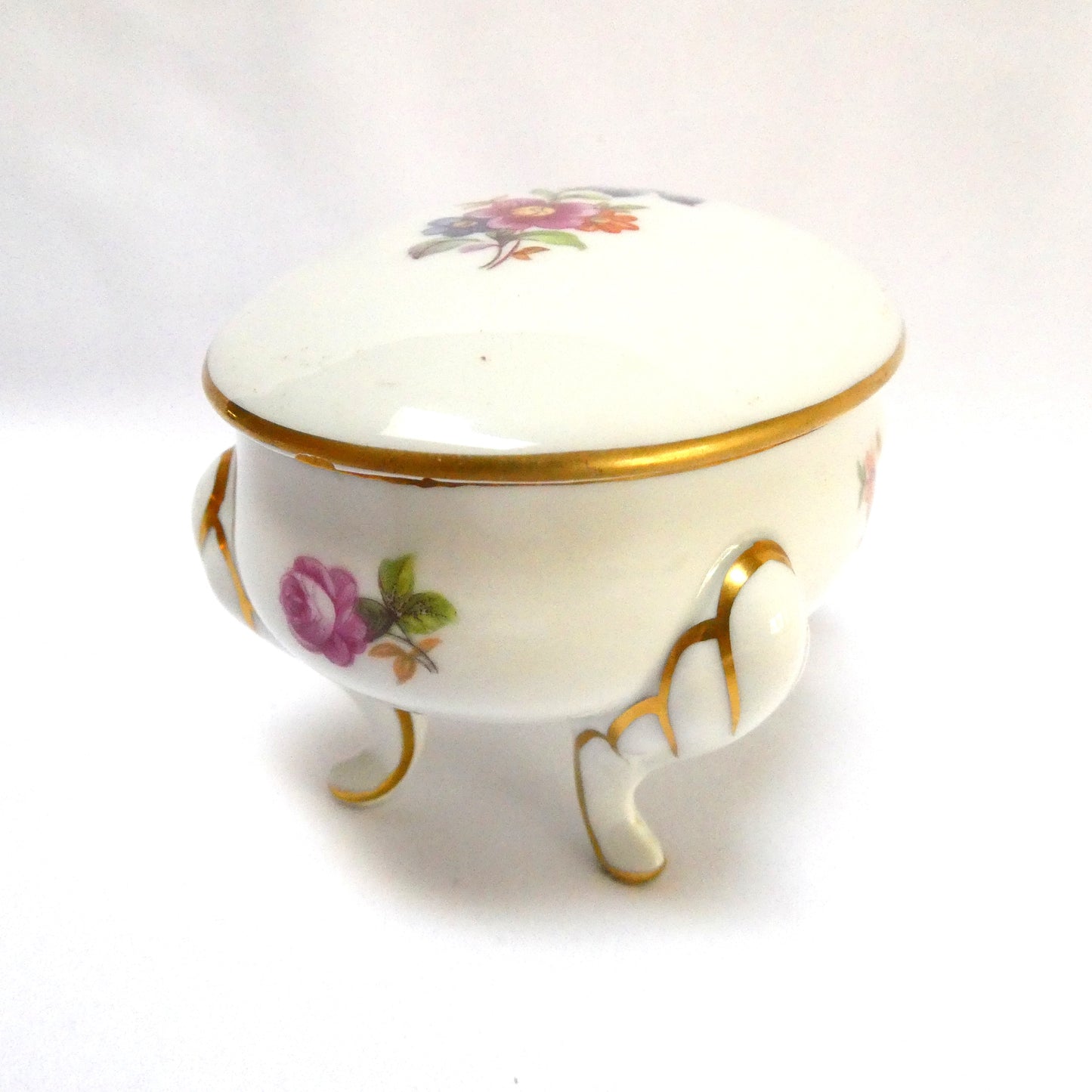 Vintage Jlmerau Graf von Henneberg Porcelain-Footed Trinket Box, with a Removable Lid in a Floral pattern and gold trim