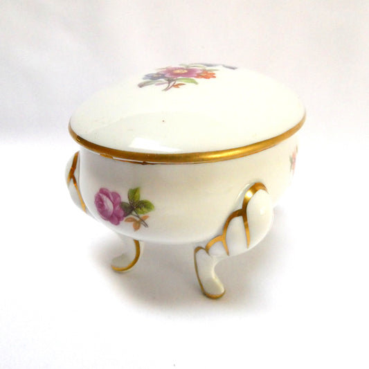 Vintage Jlmerau Graf von Henneberg Porcelain-Footed Trinket Box, with a Removable Lid in a Floral pattern and gold trim