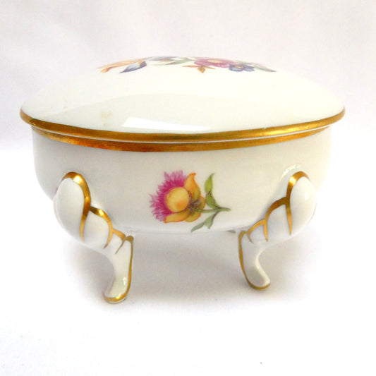 Vintage Jlmerau Graf von Henneberg Porcelain-Footed Trinket Box, with a Removable Lid in a Floral pattern and gold trim