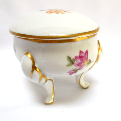 Vintage Jlmerau Graf von Henneberg Porcelain-Footed Trinket Box, with a Removable Lid in a Floral pattern and gold trim