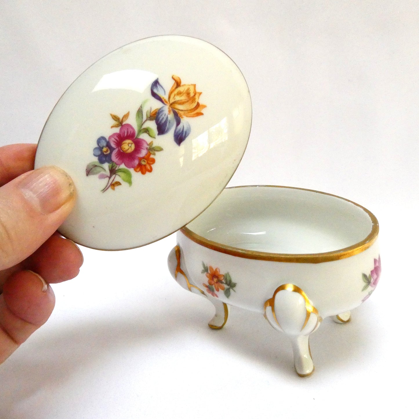 Vintage Jlmerau Graf von Henneberg Porcelain-Footed Trinket Box, with a Removable Lid in a Floral pattern and gold trim