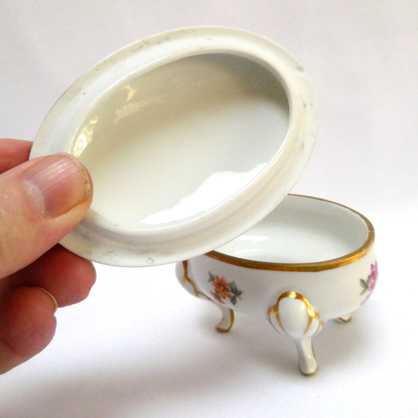 Vintage Jlmerau Graf von Henneberg Porcelain-Footed Trinket Box, with a Removable Lid in a Floral pattern and gold trim