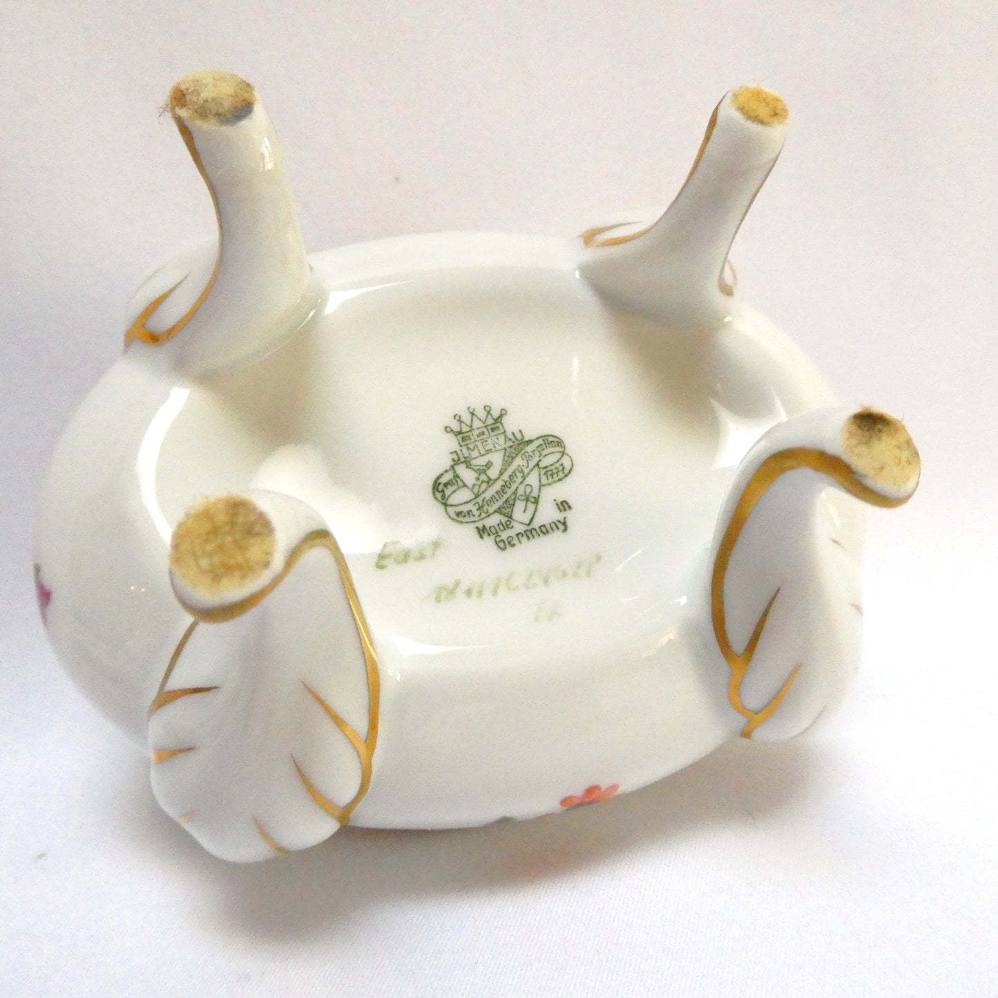 Vintage Jlmerau Graf von Henneberg Porcelain-Footed Trinket Box, with a Removable Lid in a Floral pattern and gold trim