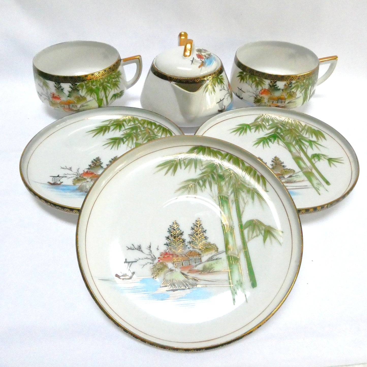 Vintage Hand-Painted Japanese Kutani ware 6-Piece Teapot, Teacups and Saucers in the Landscape and Bamboo Motif