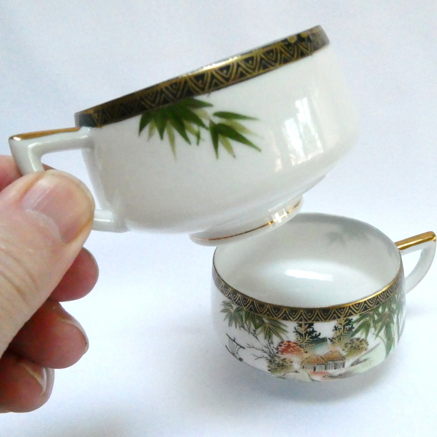 Vintage Hand-Painted Japanese Kutani ware 6-Piece Teapot, Teacups and Saucers in the Landscape and Bamboo Motif