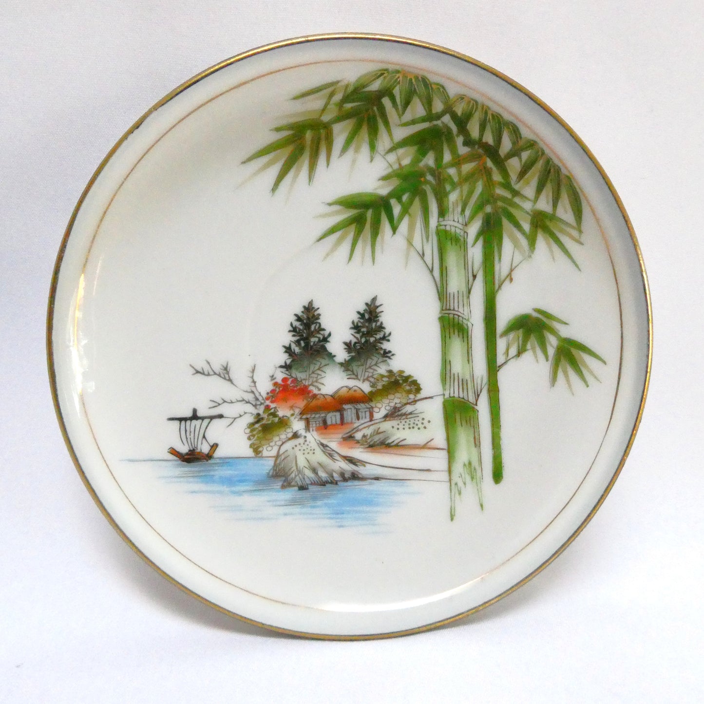 Vintage Hand-Painted Japanese Kutani ware 6-Piece Teapot, Teacups and Saucers in the Landscape and Bamboo Motif