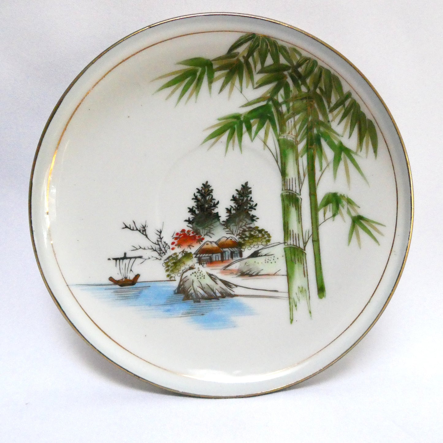 Vintage Hand-Painted Japanese Kutani ware 6-Piece Teapot, Teacups and Saucers in the Landscape and Bamboo Motif