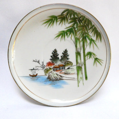 Vintage Hand-Painted Japanese Kutani ware 6-Piece Teapot, Teacups and Saucers in the Landscape and Bamboo Motif