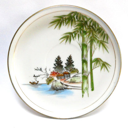 Vintage Hand-Painted Japanese Kutani ware 6-Piece Teapot, Teacups and Saucers in the Landscape and Bamboo Motif