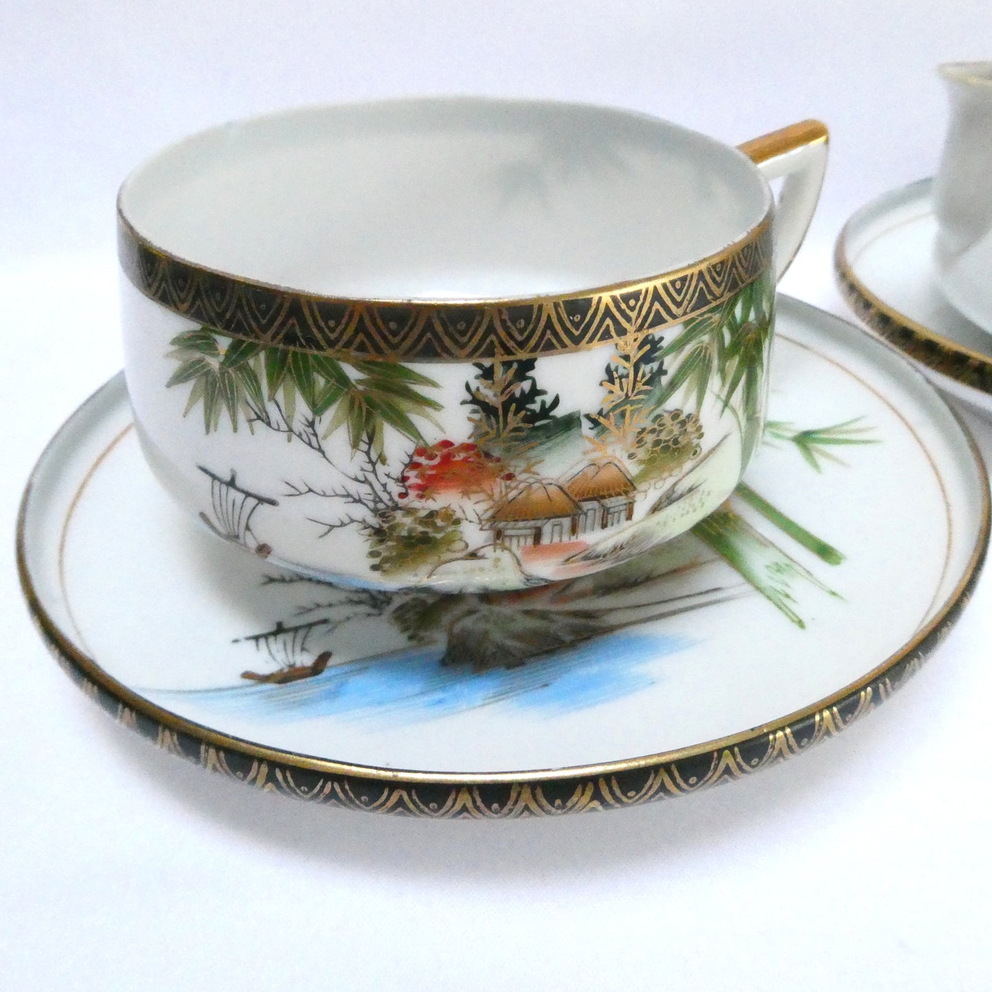 Vintage Hand-Painted Japanese Kutani ware 6-Piece Teapot, Teacups and Saucers in the Landscape and Bamboo Motif